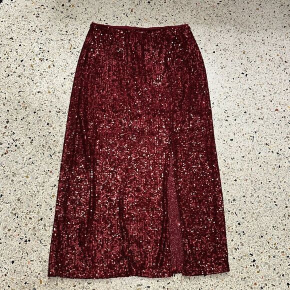 7th Ray red sequin elastic waist stretch midi skirt side slit Large L - Picture 1 of 5